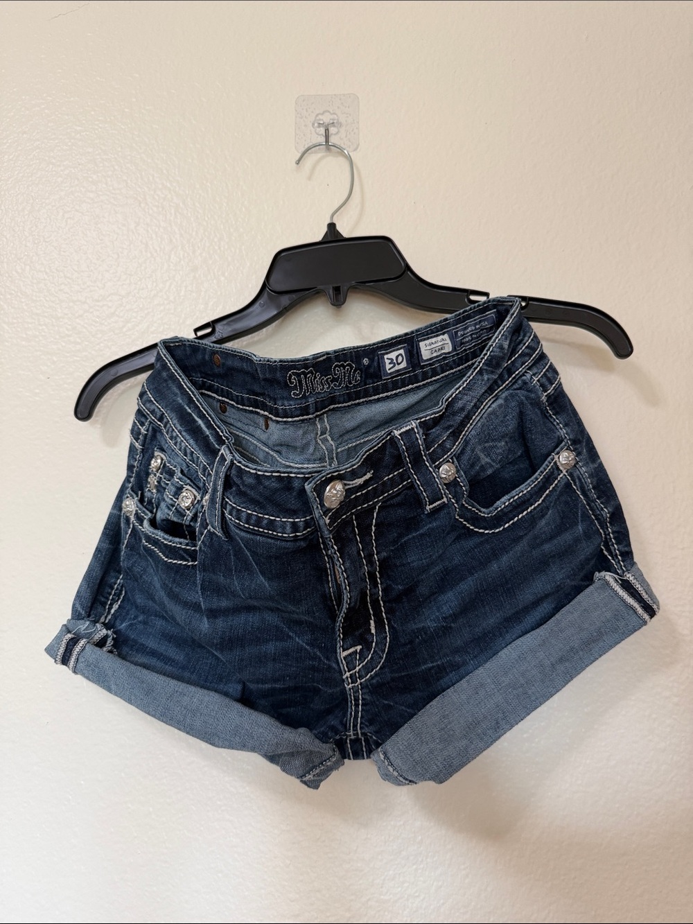 Vintage Y2K Miss Me Embellished Dark Blue Denim Daisy dukes Cuffed Shorts - Picture 4 of 7